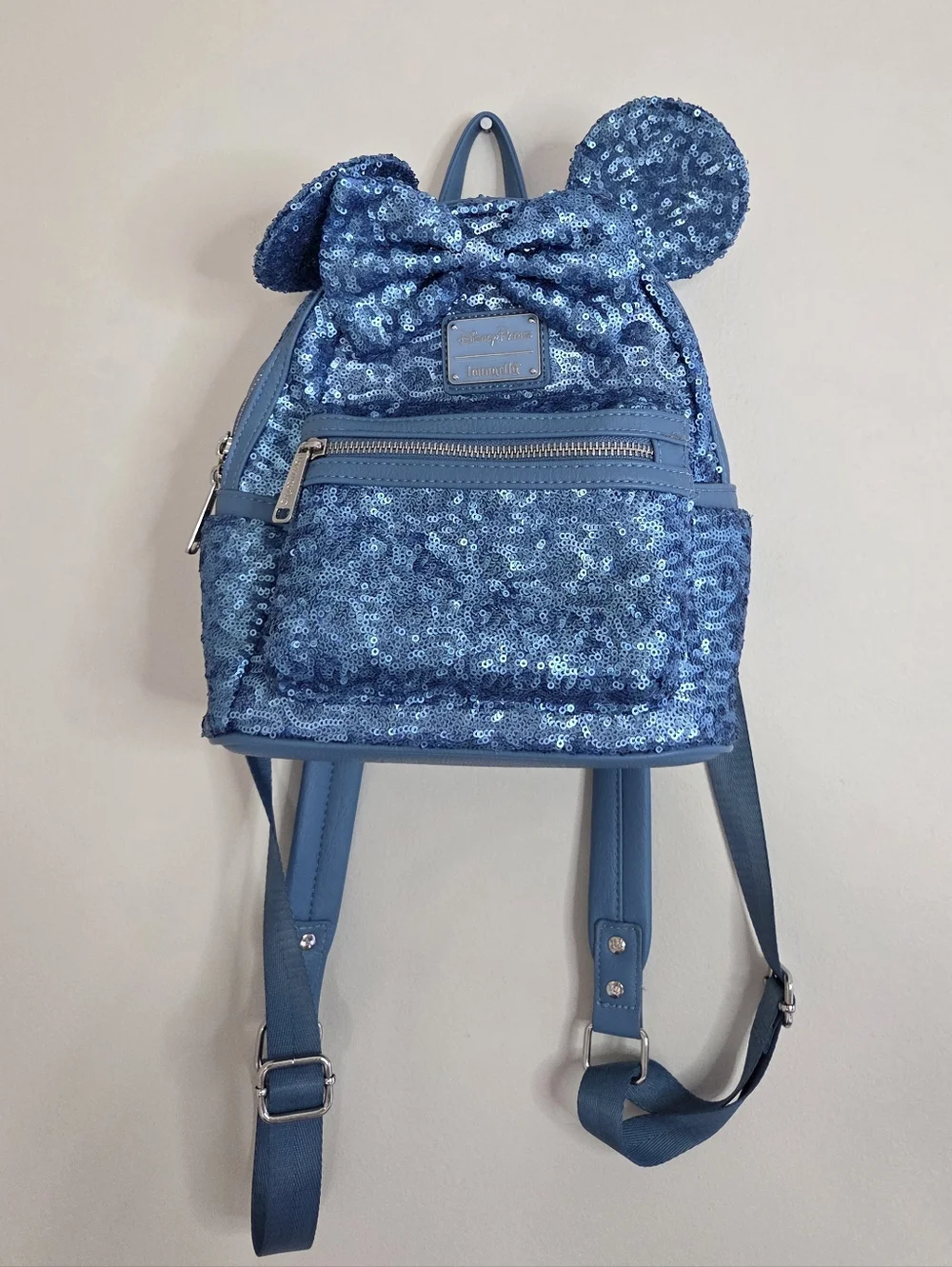 Disney Parks Loungefly Minnie Mouse Hydrangea Blue Sequin Mini Backpack - Picture 4 of 11